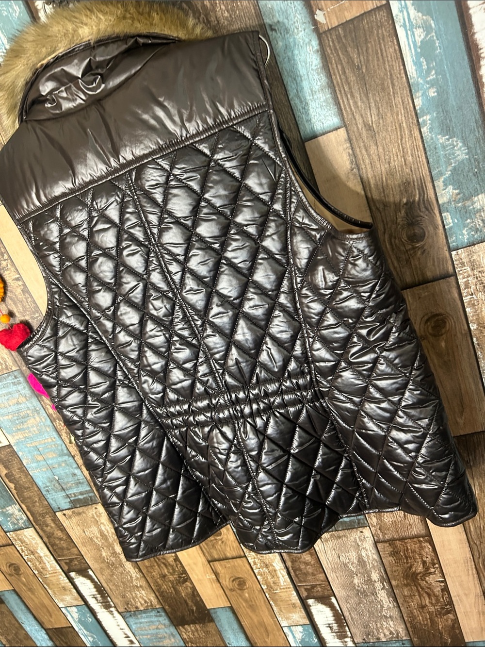 Talbots Quilted Faux-Leather Vest with Faux-Fur Collar - Dark Brown - Picture 16 of 16